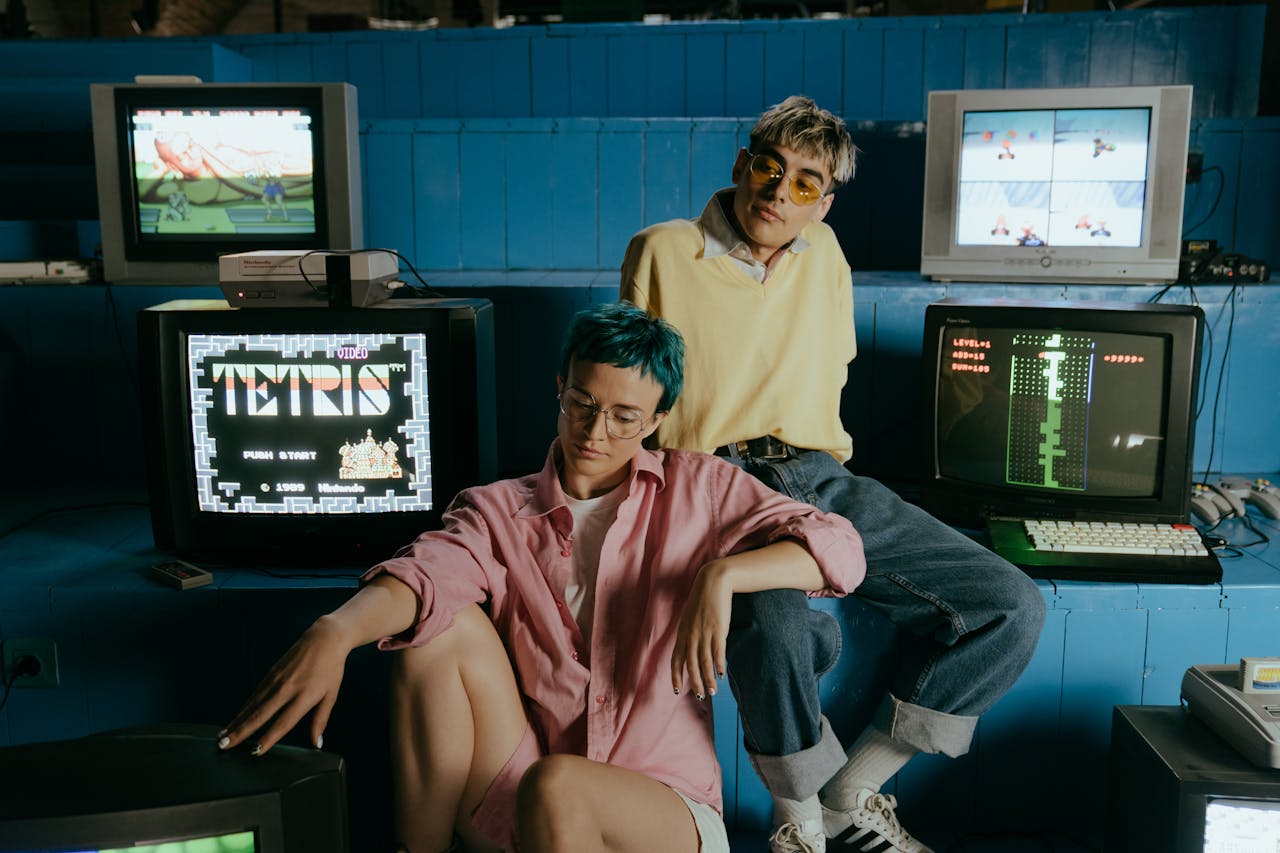 Teenagers enjoying retro video games in a vintage arcade setting, wearing colorful outfits.
